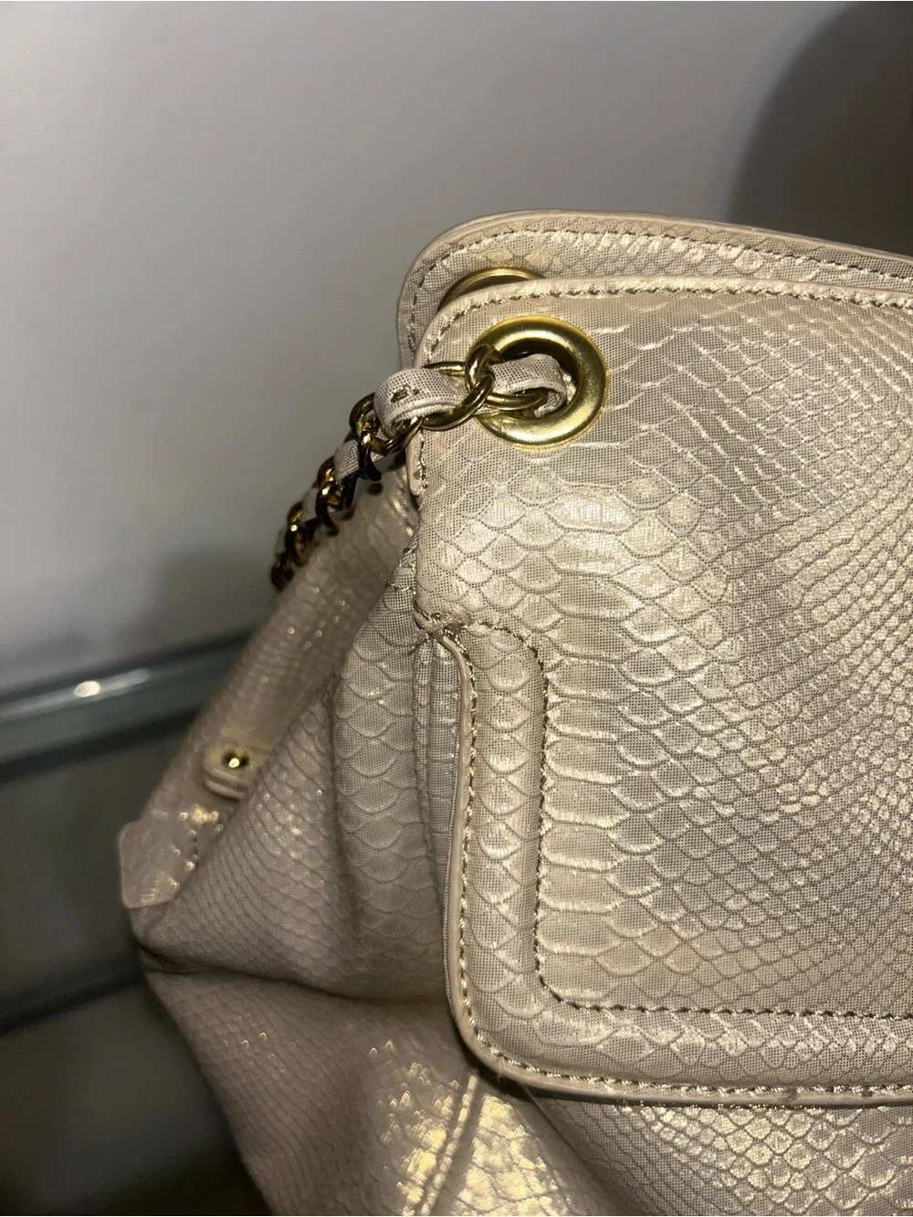 Nine West Metallic Champagne Snake-Embossed Shoulder Bag with Gold Hardware
